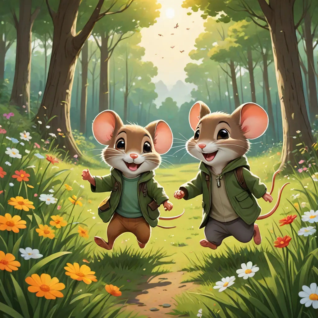 two mice are walking through a forest with flowers and trees in the background, one is holding the tail of the other, official art, furry art, a storybook illustration, Brothers Hildebrandt