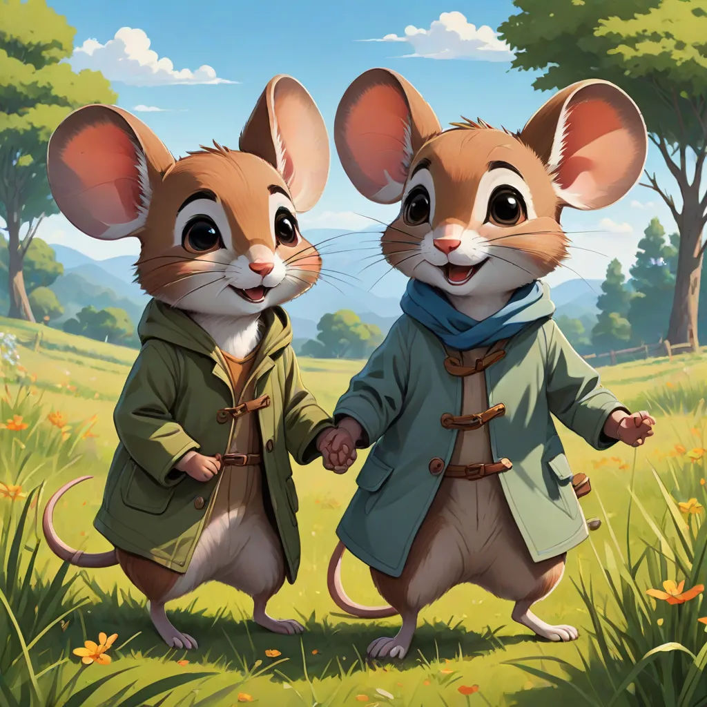 two mice are walking in a field holding hands and smiling at the camera, with trees in the background, official art, furry art, concept art, Aaron Jasinski