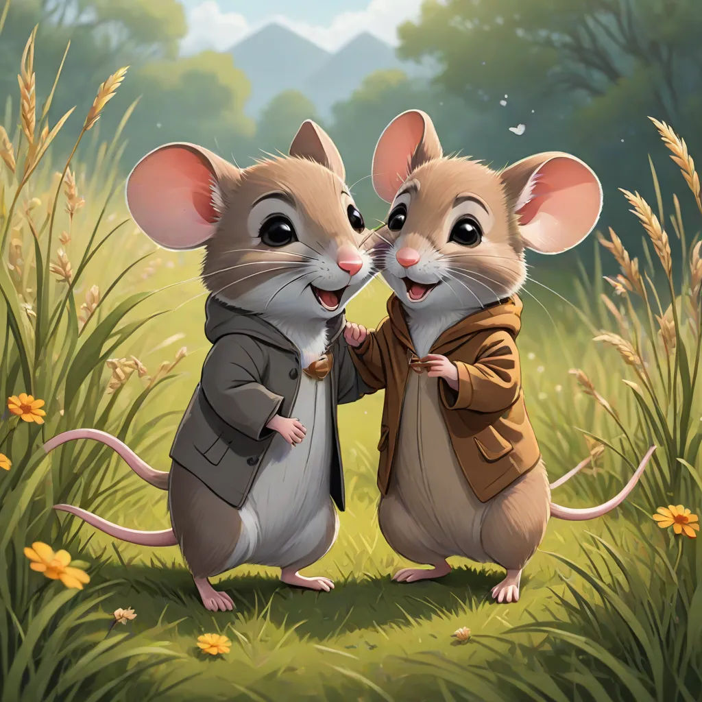 two mice are standing in a field of grass and flowers, one is holding the other's hand, official art, furry art, a storybook illustration, Aaron Jasinski