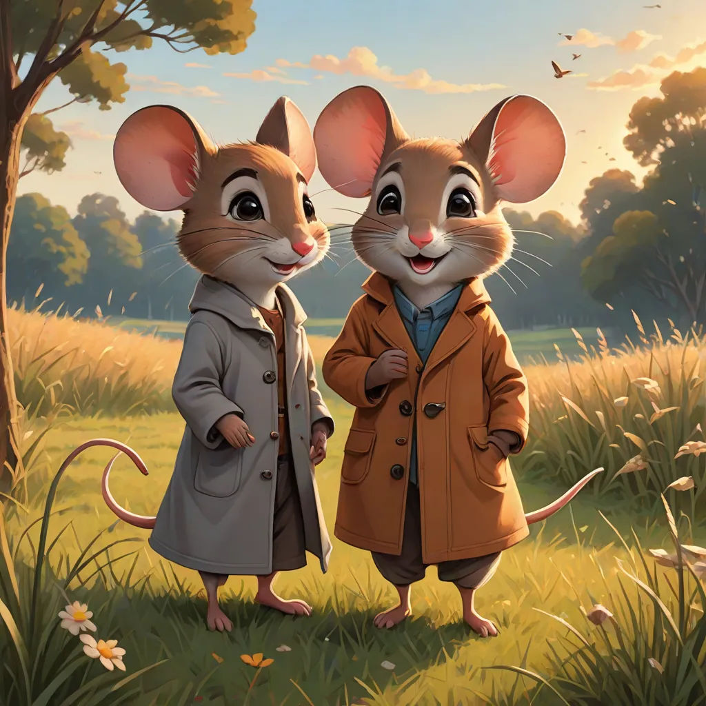 two mice dressed in coats standing in a field of grass and flowers, one of them is looking at the camera, official art, furry art, an oil painting, Brothers Hildebrandt