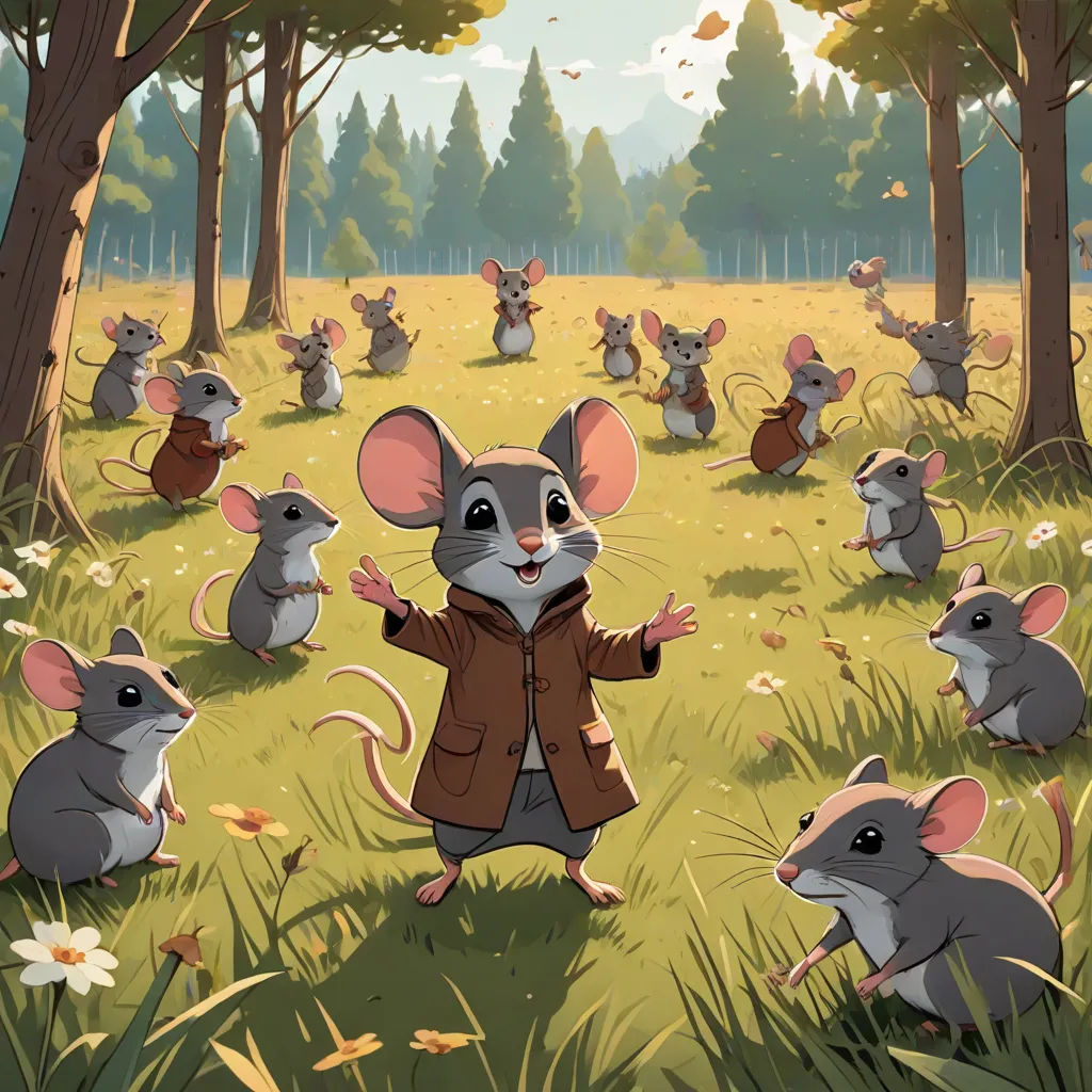 a cartoon of a mouse standing in a field with other mice in the background and trees and grass in the foreground, official art, furry art, a storybook illustration, Art Spiegelman