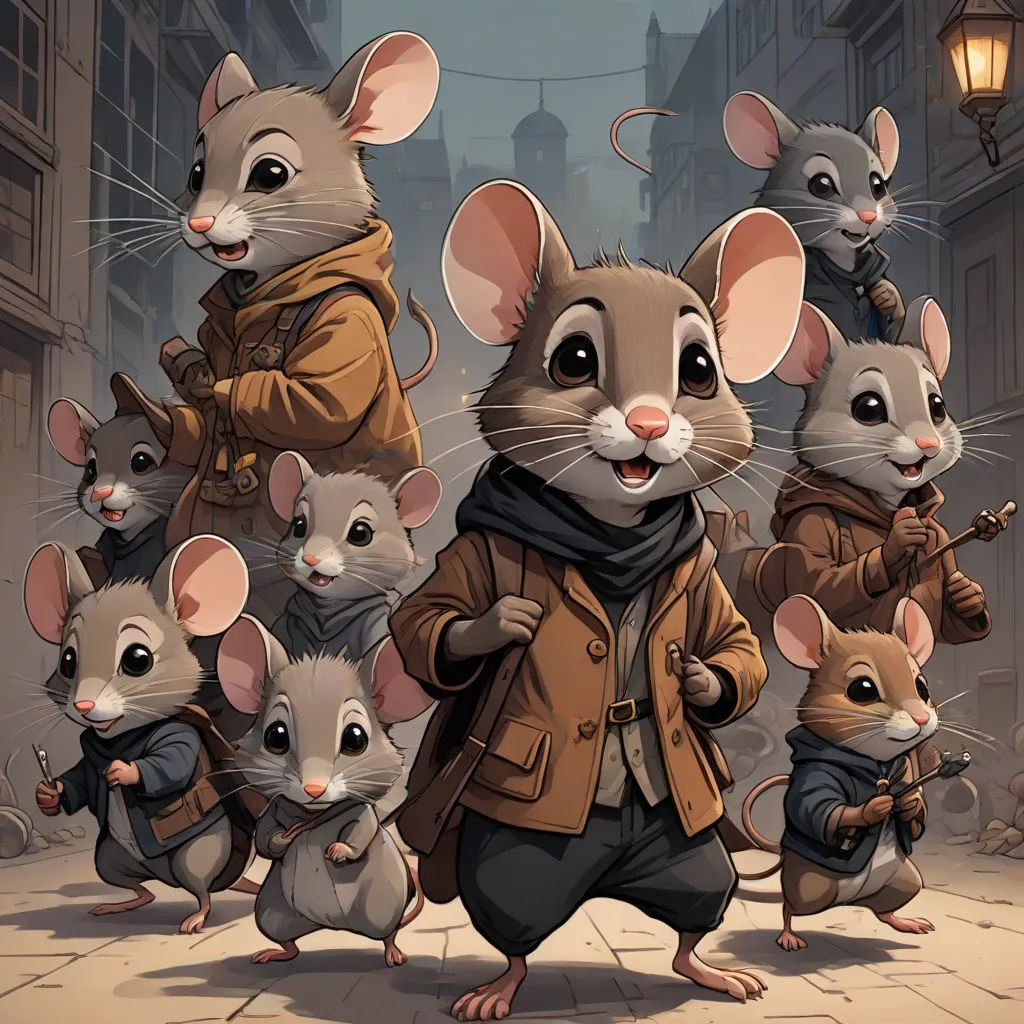 a group of mice standing next to each other on a street corner with a man in a brown jacket, official art, furry art, concept art, Dan Mumford