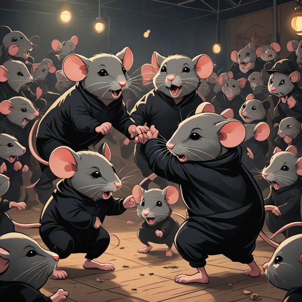a group of mice dancing in front of a crowd of people in black shirts and black pants, with their hands together, furaffinity, furry art, a storybook illustration, Dan Mumford