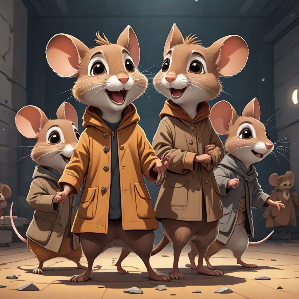 a group of mice standing next to each other in a room with a ceiling light and a door in the background, official art, furry art, poster art, Brothers Hildebrandt
