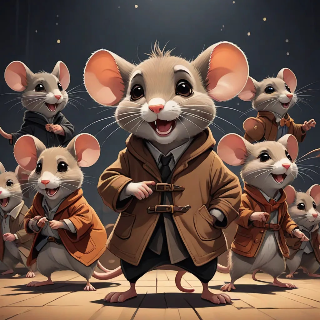 a group of mice dressed in business attire standing in front of a stage with a conductor and conductor's outfit, official art, sots art, a storybook illustration, Dan Mumford