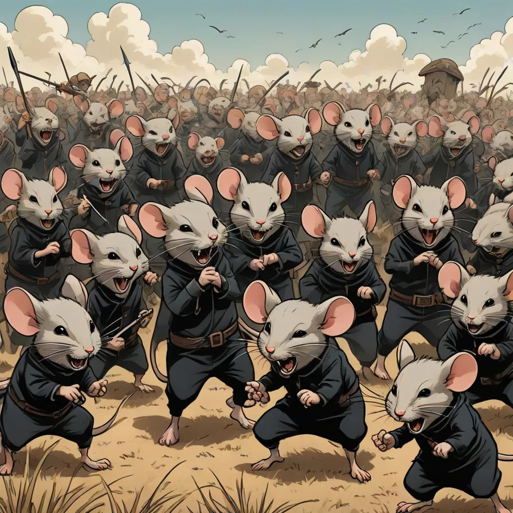 a group of mice in black outfits with swords in their hands and a group of mice in black outfits with swords in their hands, western comic book art, furry art, a comic book panel, Brian Despain