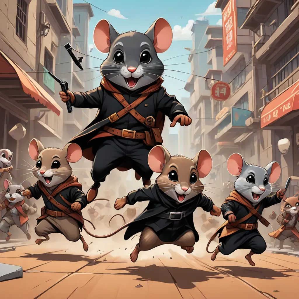 a group of mice in a city street with a man in a suit and a mouse in a suit, official art, sots art, concept art, Chris Rallis