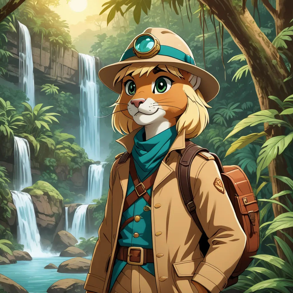 a cat in a hat and a backpack standing in front of a waterfall with a waterfall behind it and a waterfall behind it, furry art, a character portrait, Anson Maddocks, official art