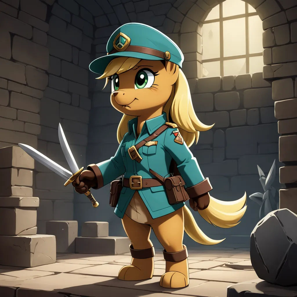 a cartoon of a pony with a sword and a hat on and a sword in his hand and a stone wall behind, dau-al-set, concept art, Clarice Beckett, official art