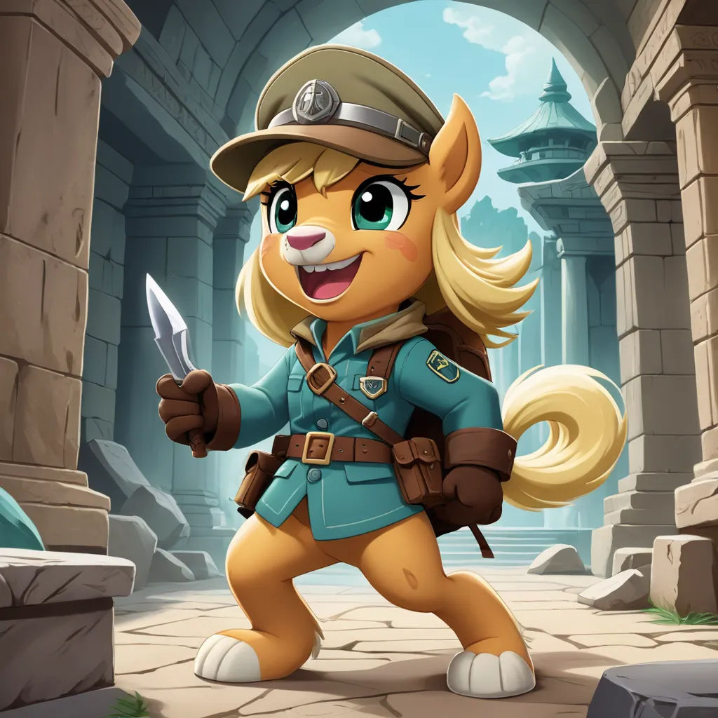 a cartoon character of a dog in a uniform holding a knife and a knife blade in his hand and a stone archway in the background, furry art, concept art, David Teniers III, key art