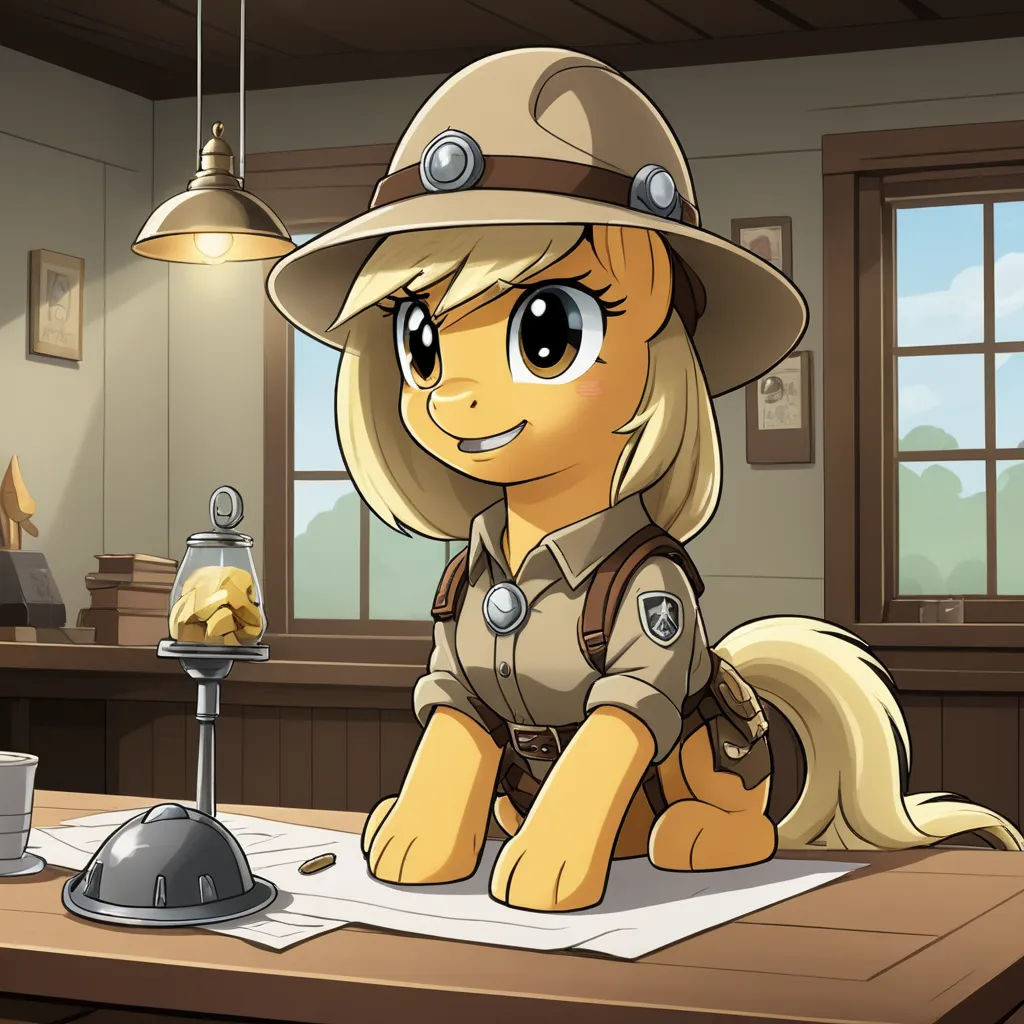 a cartoon of a little pony sitting on a desk with a lamp and a desk top with a paper, furry art, concept art, David Teniers III, steampunk