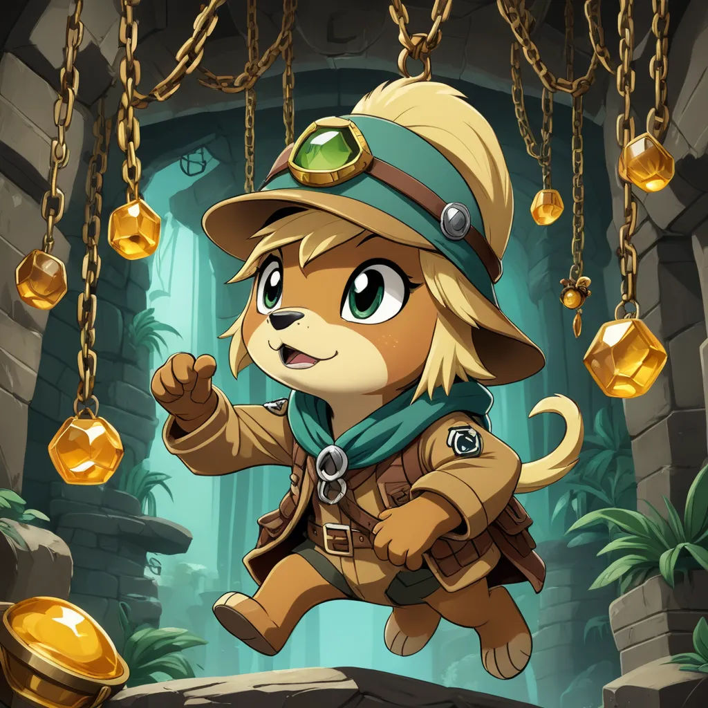 a cartoon cat is flying through a tunnel with gold coins hanging from it's ceiling and a chain hanging from the ceiling, sots art, concept art, Fan Qi, official art