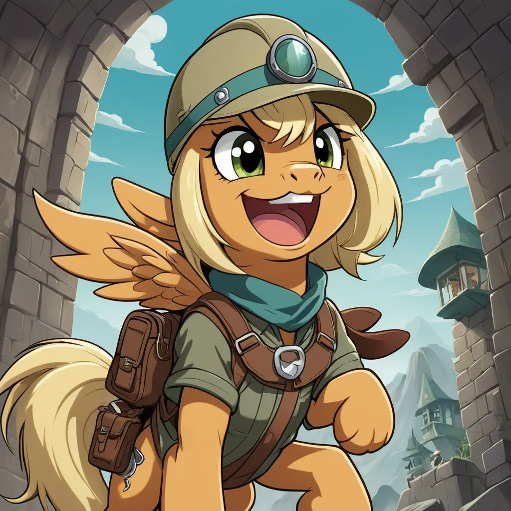 a cartoon pony with a hat and a backpack on it's back, running through a tunnel with a castle in the background, dau-al-set, concept art, Ada Hill Walker, official art