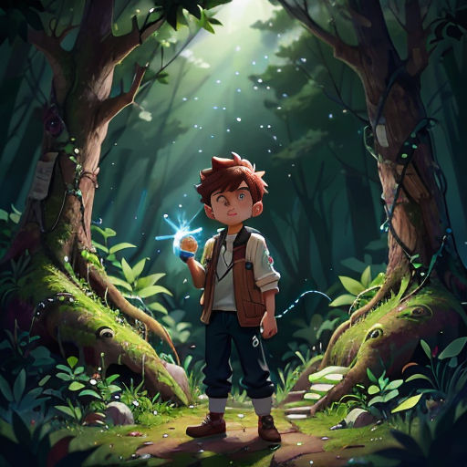 a boy in a forest holding a light in his hand and a star in his hand in his hand