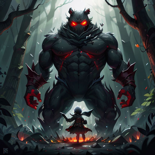 a demonic creature in the middle of a forest with red eyes and a demon like creature on its back