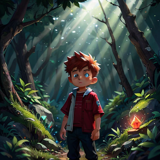 a boy standing in the middle of a forest with a red lantern in his hand and a red tent in the background