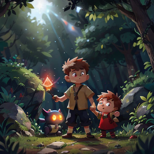 a boy and a girl standing in the woods with a flashlight in their hand and a cat nearby in the foreground