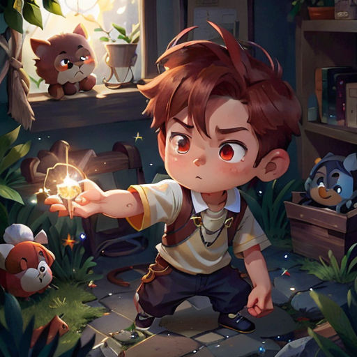 a boy holding a glowing item in his hand in a room with stuffed animals and plants around him,
