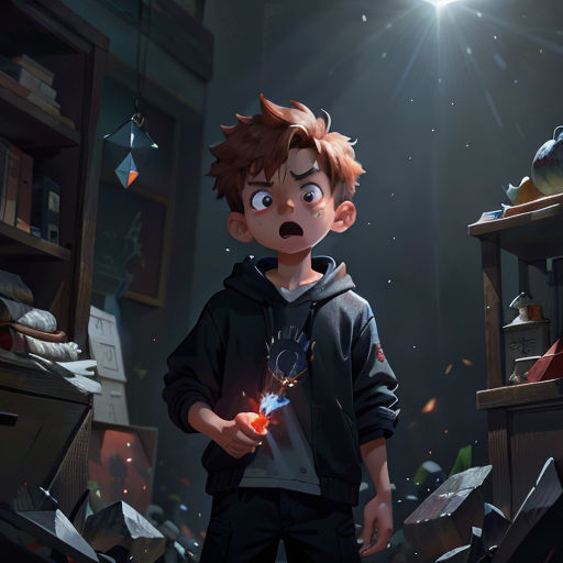 a boy holding a sparkler in a messy room with a lot of clutter on the floor and a light shining on him