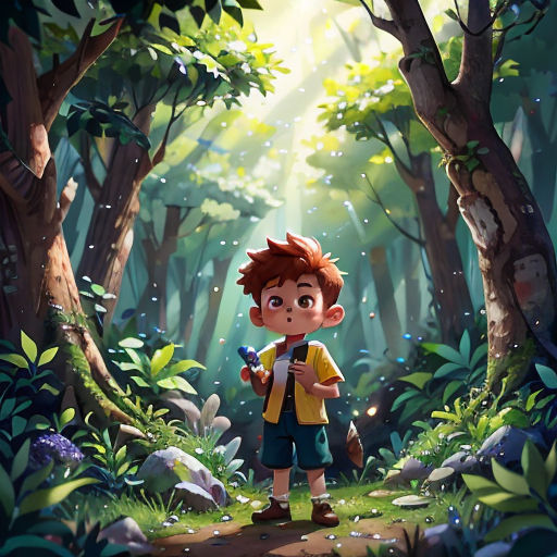 a boy standing in the middle of a forest holding a cell phone in his hand and looking at the camera