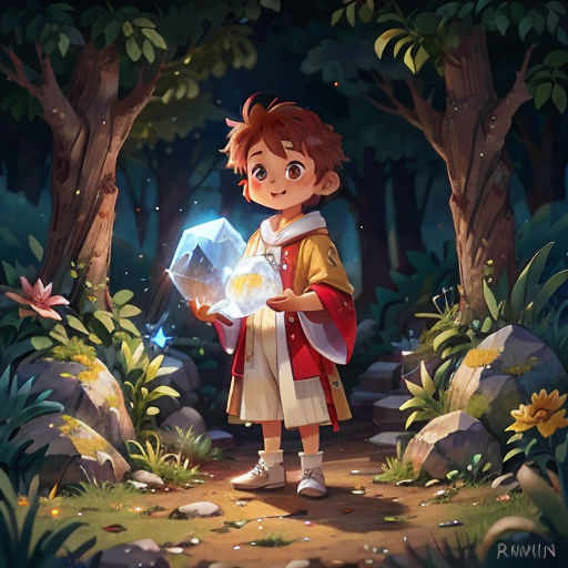 a boy holding a crystal ball in a forest with trees and rocks behind him, with a light shining in his hand