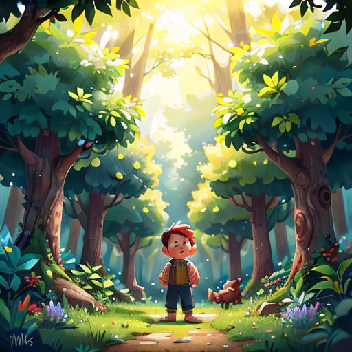 a boy standing in the middle of a forest with a bear in the background and a sunbeam in the sky