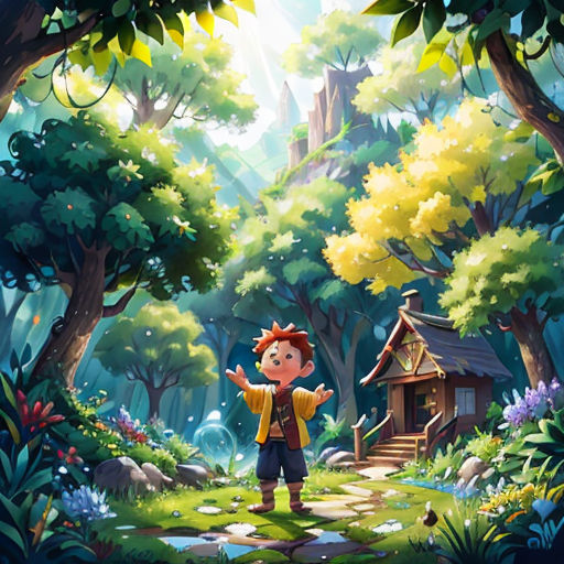a boy standing in the middle of a forest with a house in the background and a bird flying over him