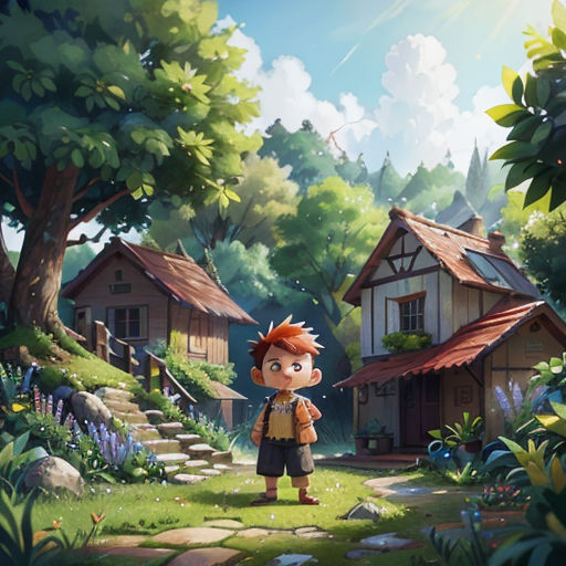 a boy standing in front of a house in a forest with a dog on a leash in front of him