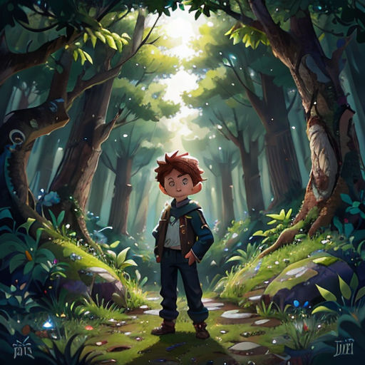 a boy standing in the middle of a forest with a light shining through the trees on his face and a trail in the background