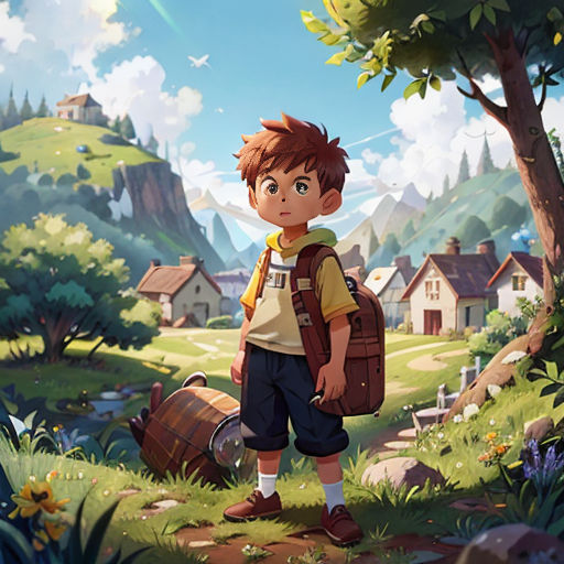 a boy with a backpack standing in a field with a tree and a house in the background, with a rainbow in the sky