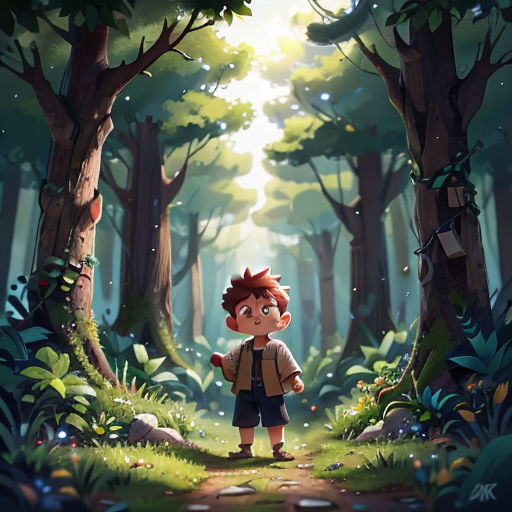 a boy standing in the middle of a forest with a backpack on his back and a light shining through the trees