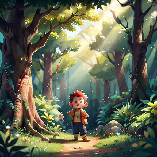 a boy standing in the middle of a forest with a light shining on him and a tree in the background