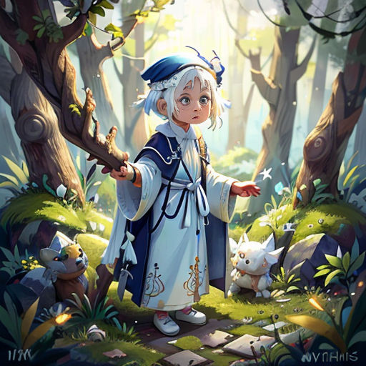 a cartoon character in a forest with a cat and a bird on a branch in his hand and a dog in the other hand