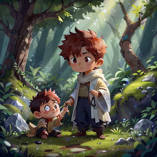 a boy and a boy are standing in the woods together, with a forest background and trees in the background