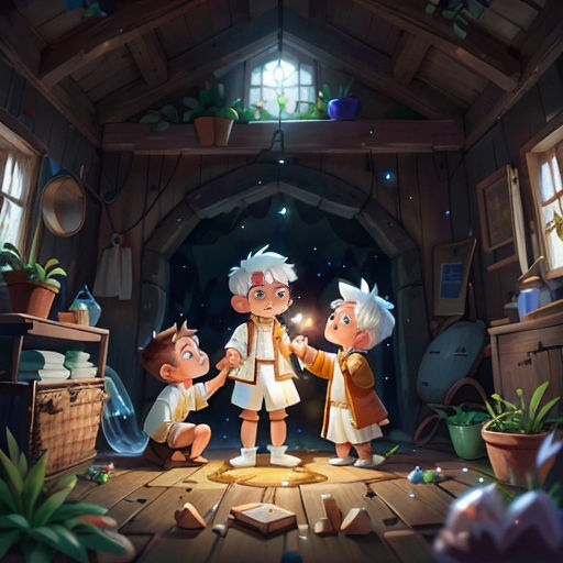 a group of children standing in a room with a light shining on them and a man holding a flashlight
