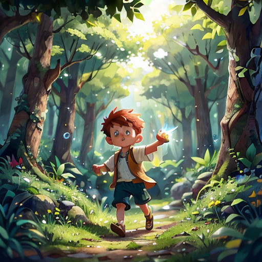 a boy in a forest with a light shining through the trees and a trail leading to the woods with a boy in a vest