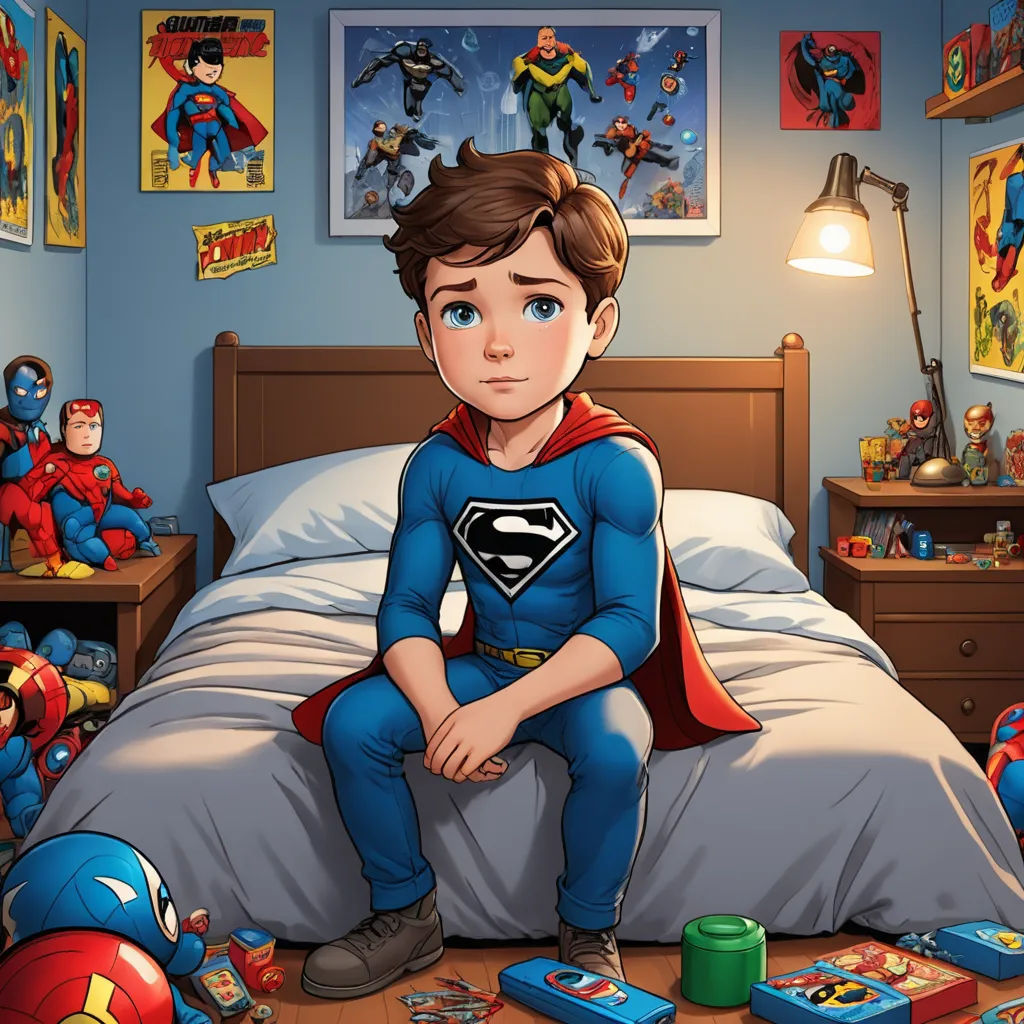 a boy sitting on a bed with a superman shirt on and a bunch of toys around him in a bedroom, sots art, a comic book panel, Diego Gisbert Llorens, comic cover art