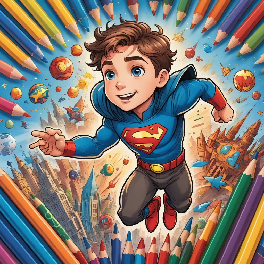 a boy flying through the air surrounded by colored pencils and a cityscape in the background with a superman on it, process art, a character portrait, Diego Gisbert Llorens, josan gonzales and dan mumford