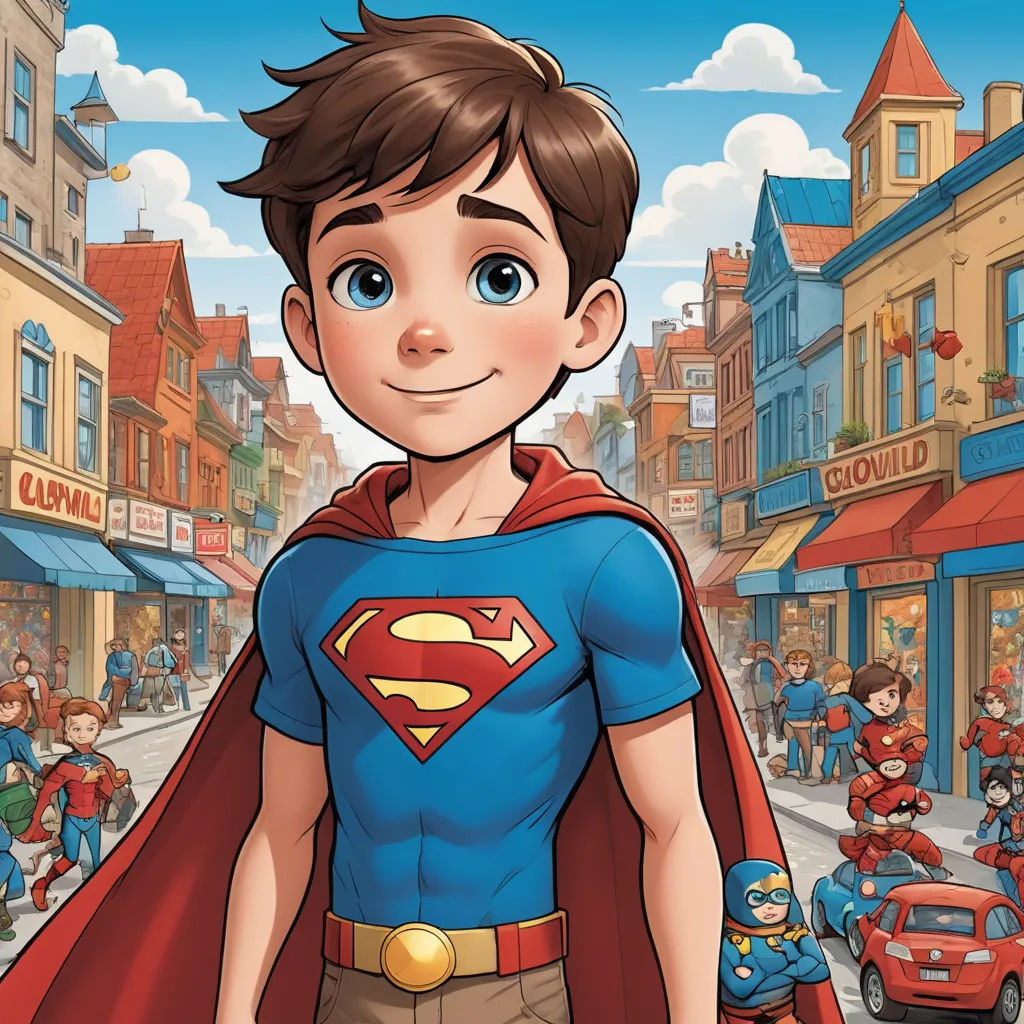 a cartoon boy in a superman costume standing in front of a crowd of people on a city street with a red car, superflat, a comic book panel, Cliff Childs, comic cover art