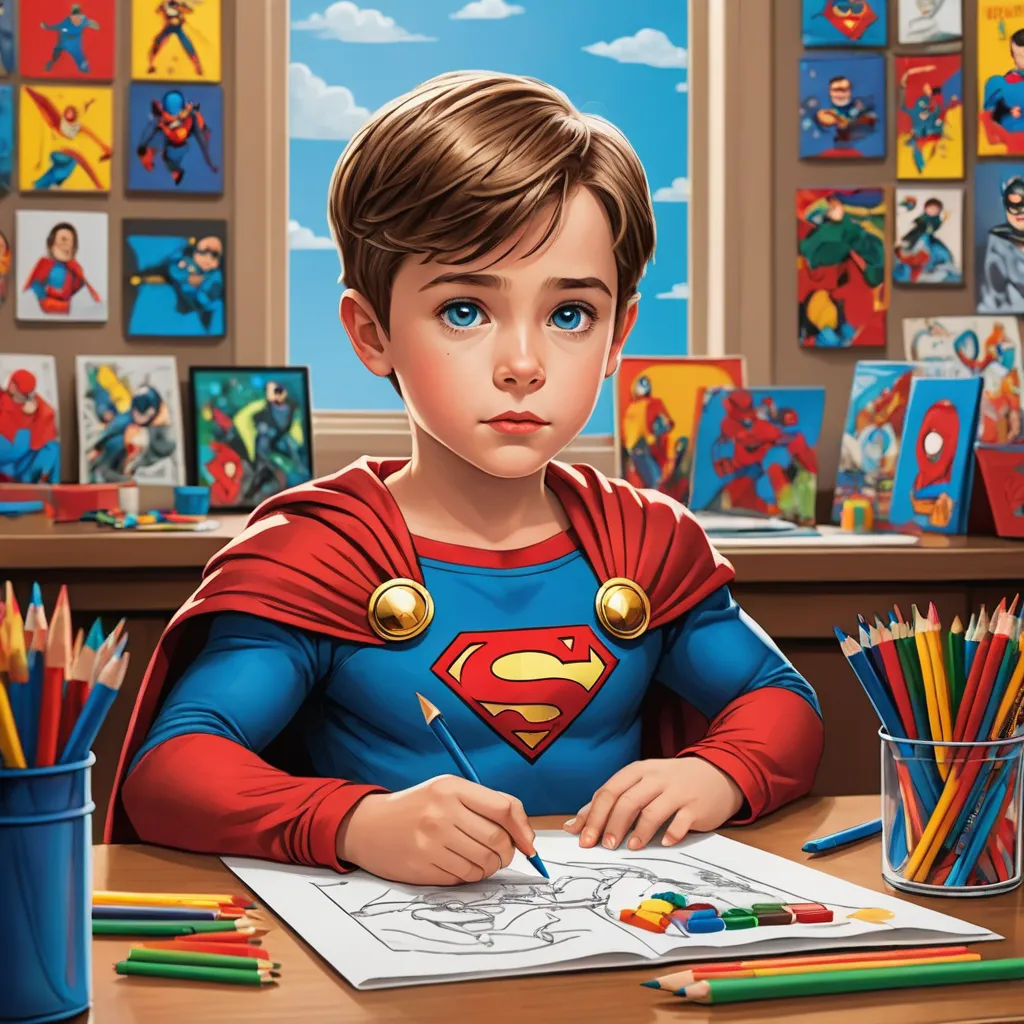 a boy in a superman costume is sitting at a desk with colored pencils and markers in front of him, hyperrealism, a child's drawing, Artgerm, comic cover art
