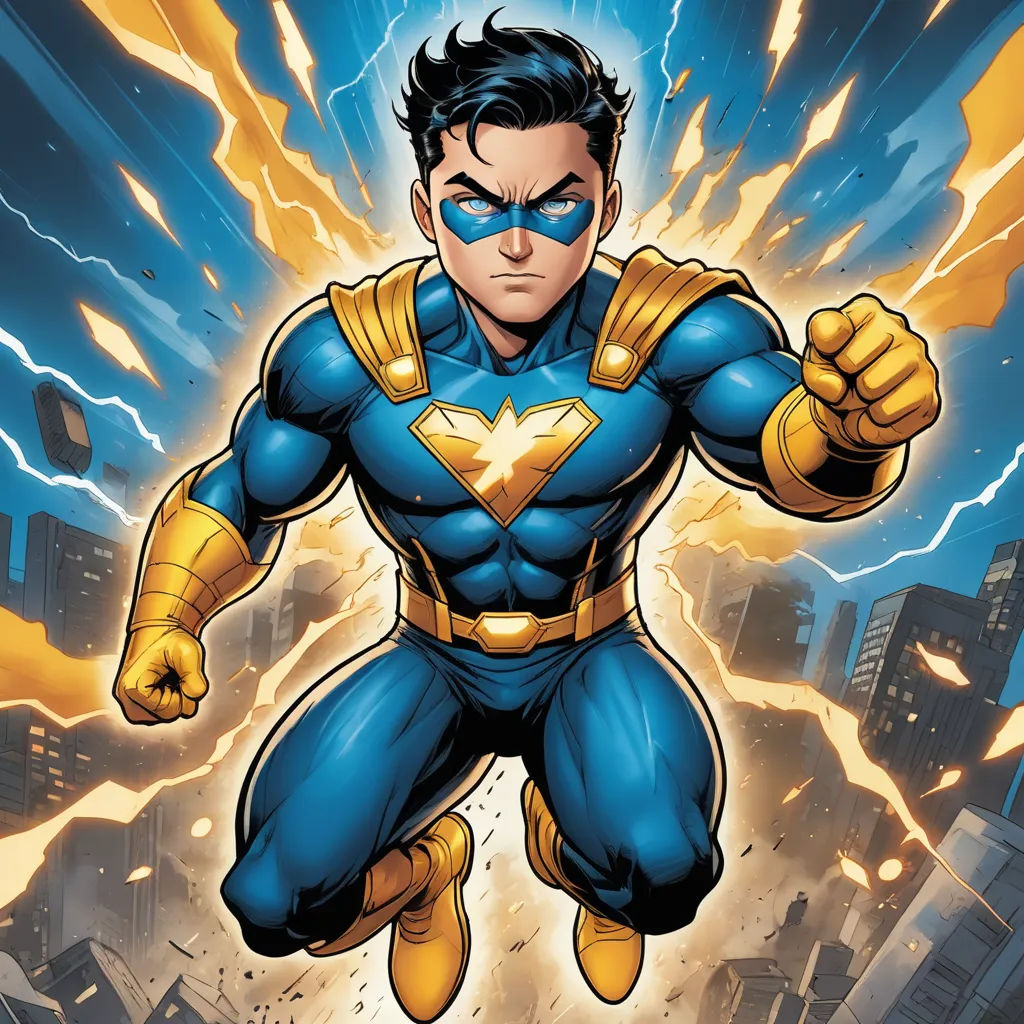 a man in a blue and yellow costume with a lightning background and a city skyline in the background with lightning, verdadism, a comic book panel, Everett Warner, comic cover art