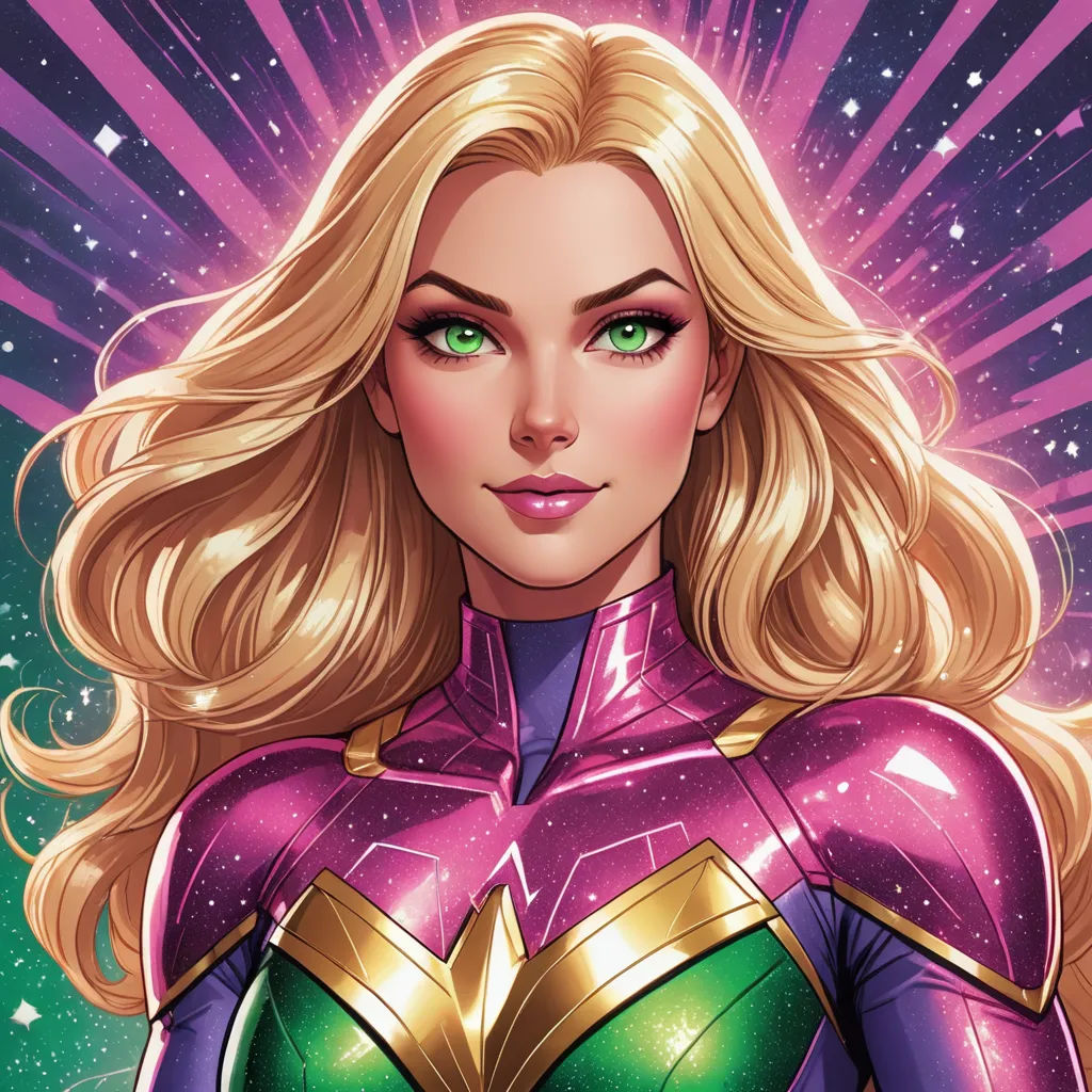 a woman in a green and gold outfit with stars in the background and a purple background with stars in the foreground, superflat, a comic book panel, Artgerm, comic cover art