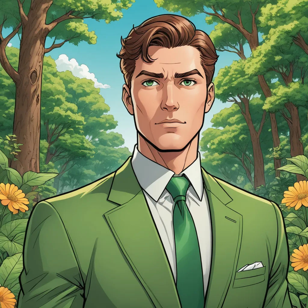a man in a green suit and tie standing in a forest with yellow flowers and trees behind him,, sots art, a character portrait, Cedric Seaut (Keos Masons), official art
