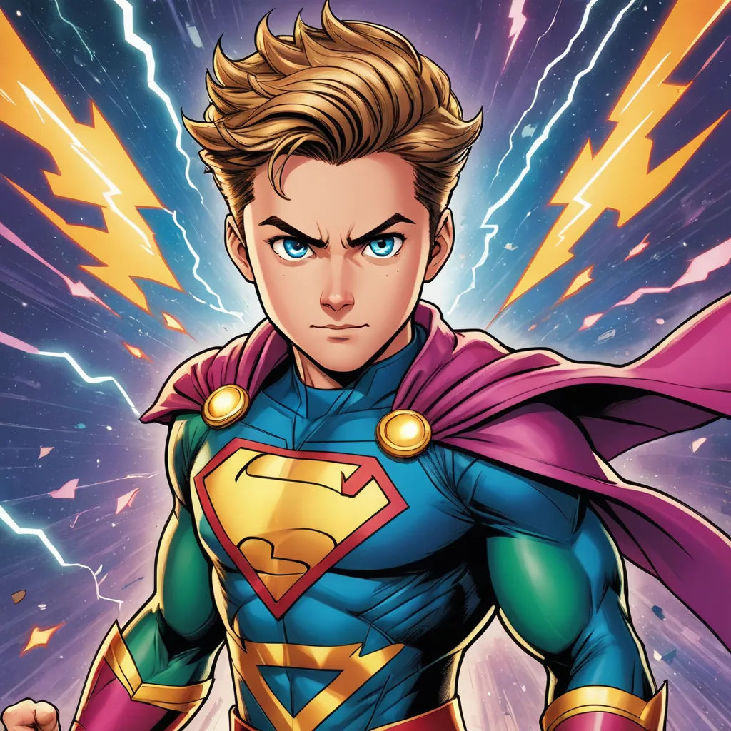 a man in a superman costume with lightning behind him and a blue cape on his head and chest, with a lightning behind him, superflat, a comic book panel, Alan Davis, comic cover art