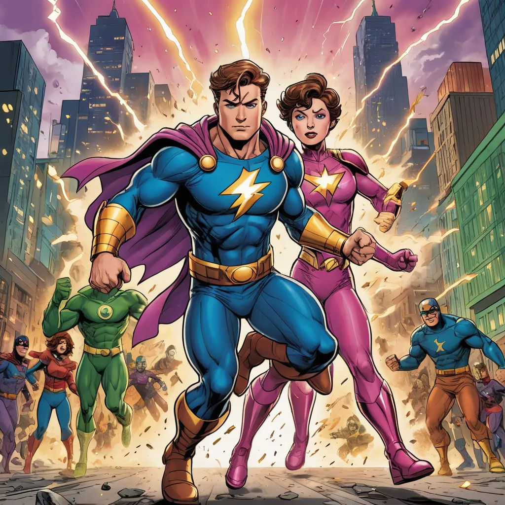 a man and woman in a comic book cover with a city background and lightning in the sky behind them, retrofuturism, a comic book panel, Alan Davis, comic cover art
