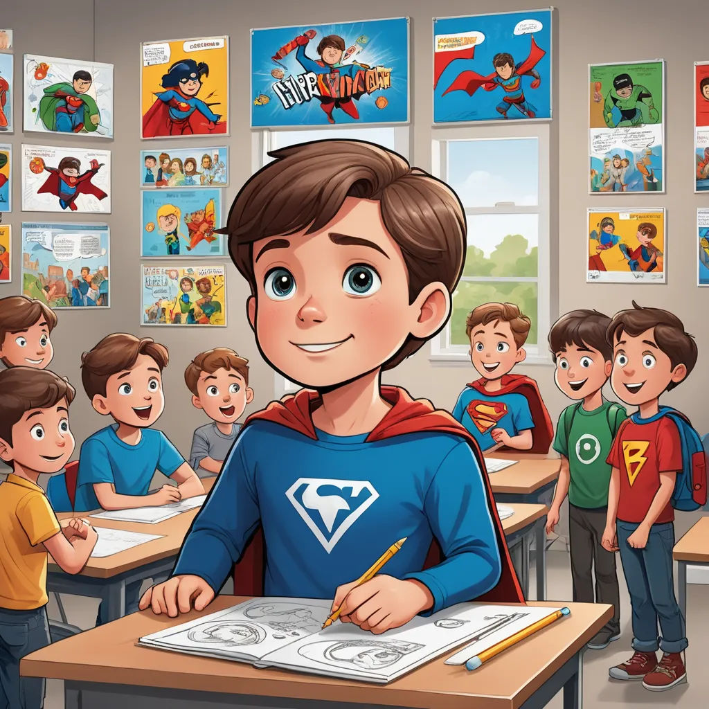 a boy in a superman shirt is writing in a classroom with other children in the background and a poster of him, vancouver school, a comic book panel, Diego Gisbert Llorens, comic cover art
