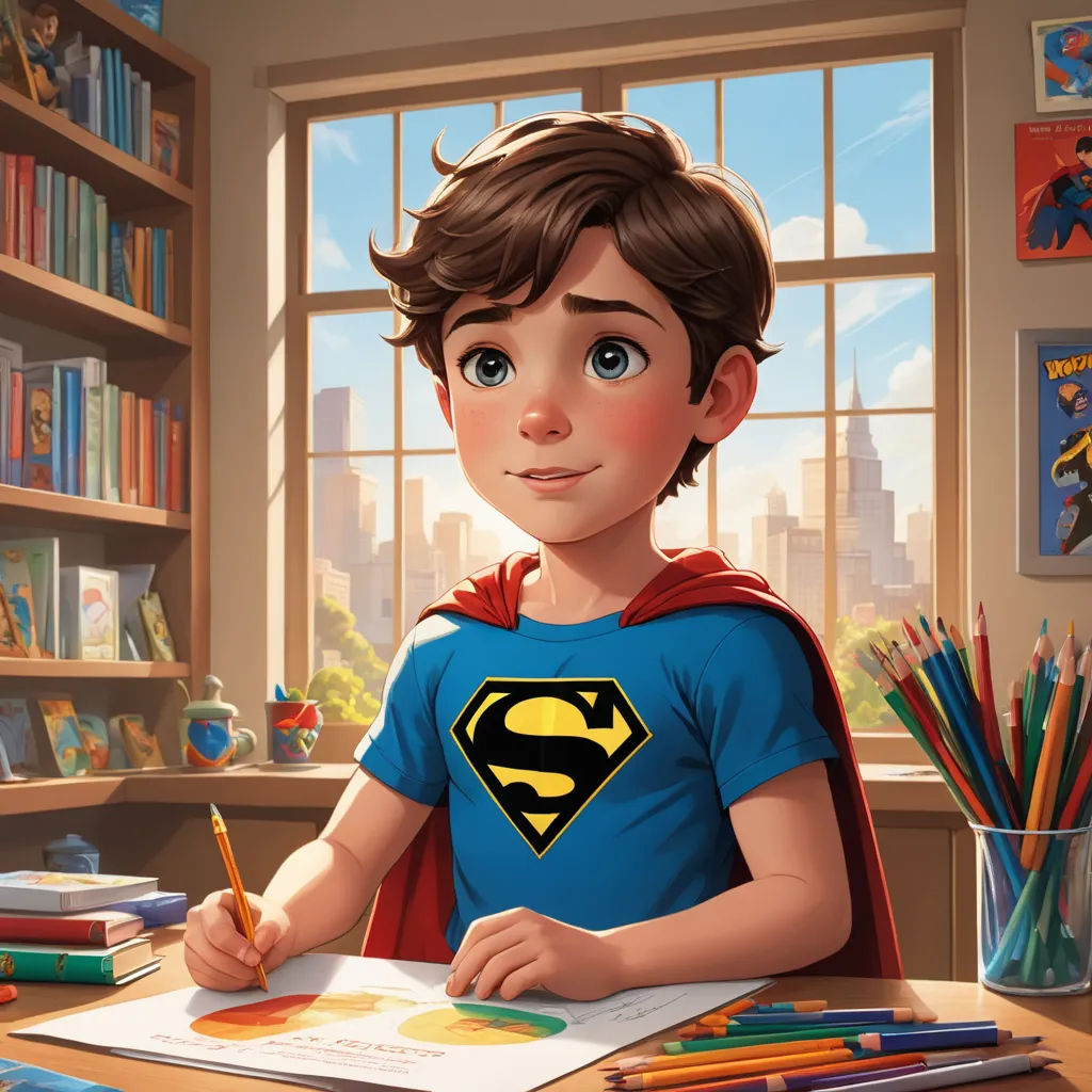 a boy in a superman shirt is sitting at a desk with a pencil and a book in front of him, sots art, a comic book panel, Artgerm, rossdraws global illumination