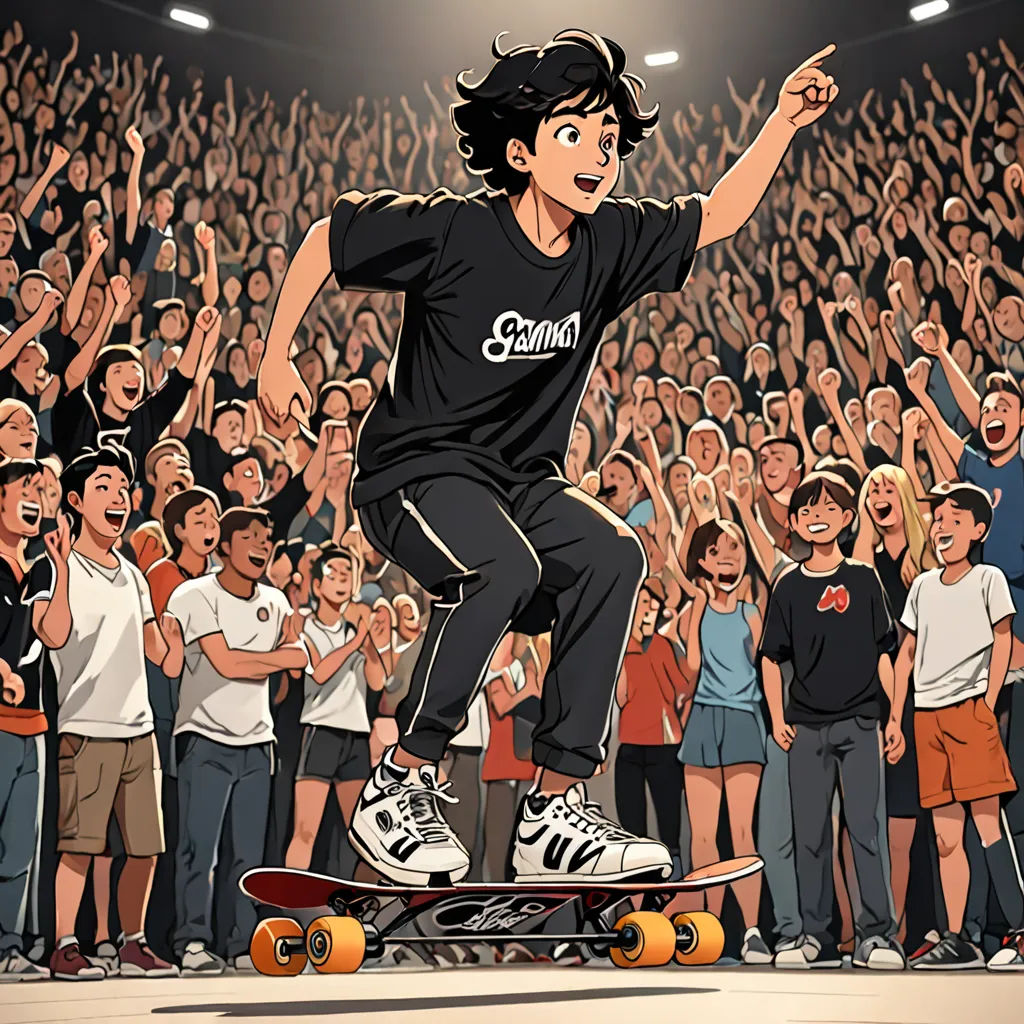 a cartoon of a skateboarder riding a skateboard in front of a crowd of people with their hands up, photorealism, a comic book panel, Asaf Hanuka, official art