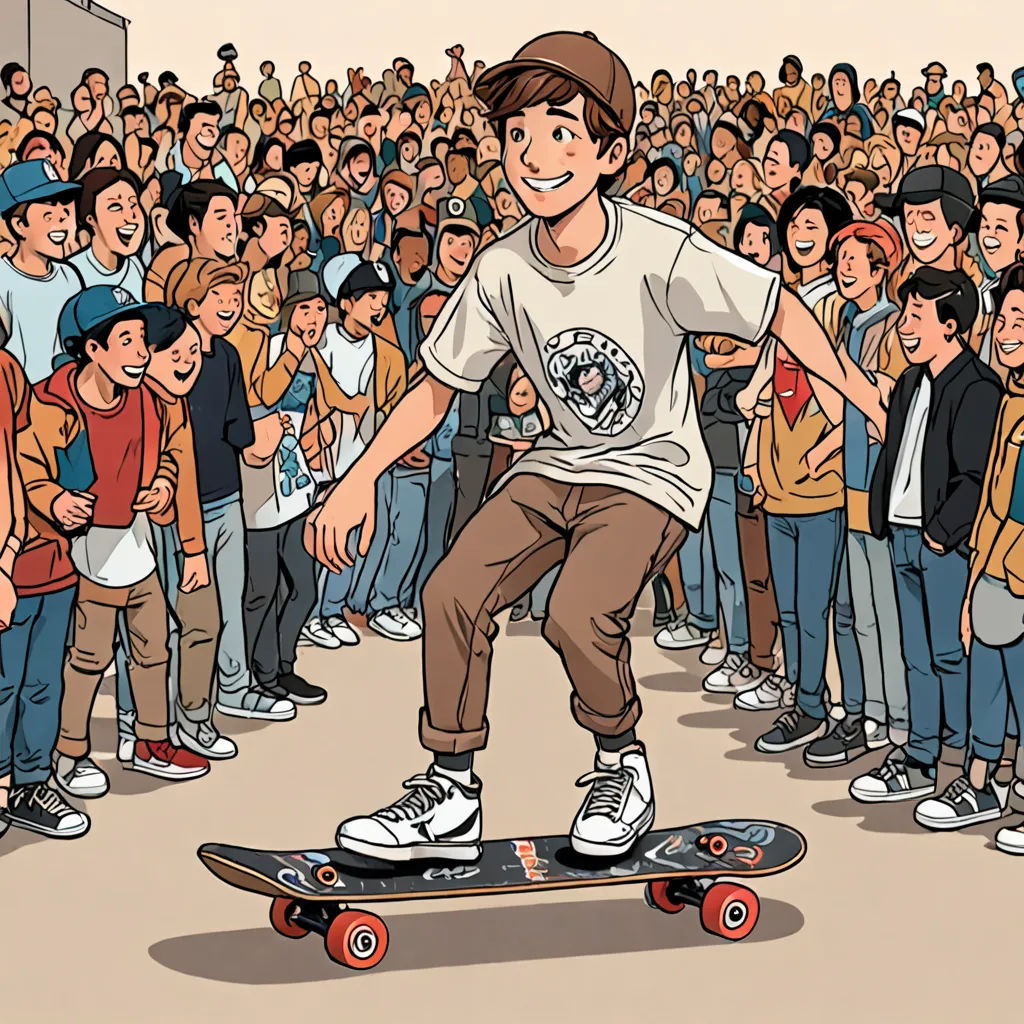 a boy on a skateboard in front of a crowd of people with a skateboard in his hand, lowbrow, a comic book panel, Asaf Hanuka, animated
