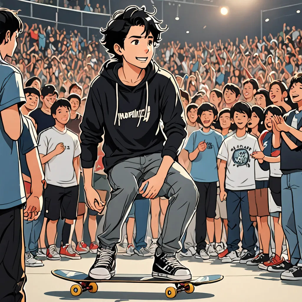 a man riding a skateboard in front of a crowd of people on a stage with a microphone in his hand, context art, a comic book panel, David Park, yukito kishiro